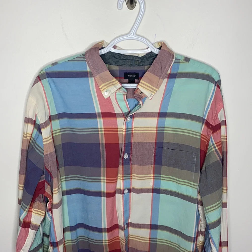 J Crew pastel plaid tartan cotton button up shirt size XL